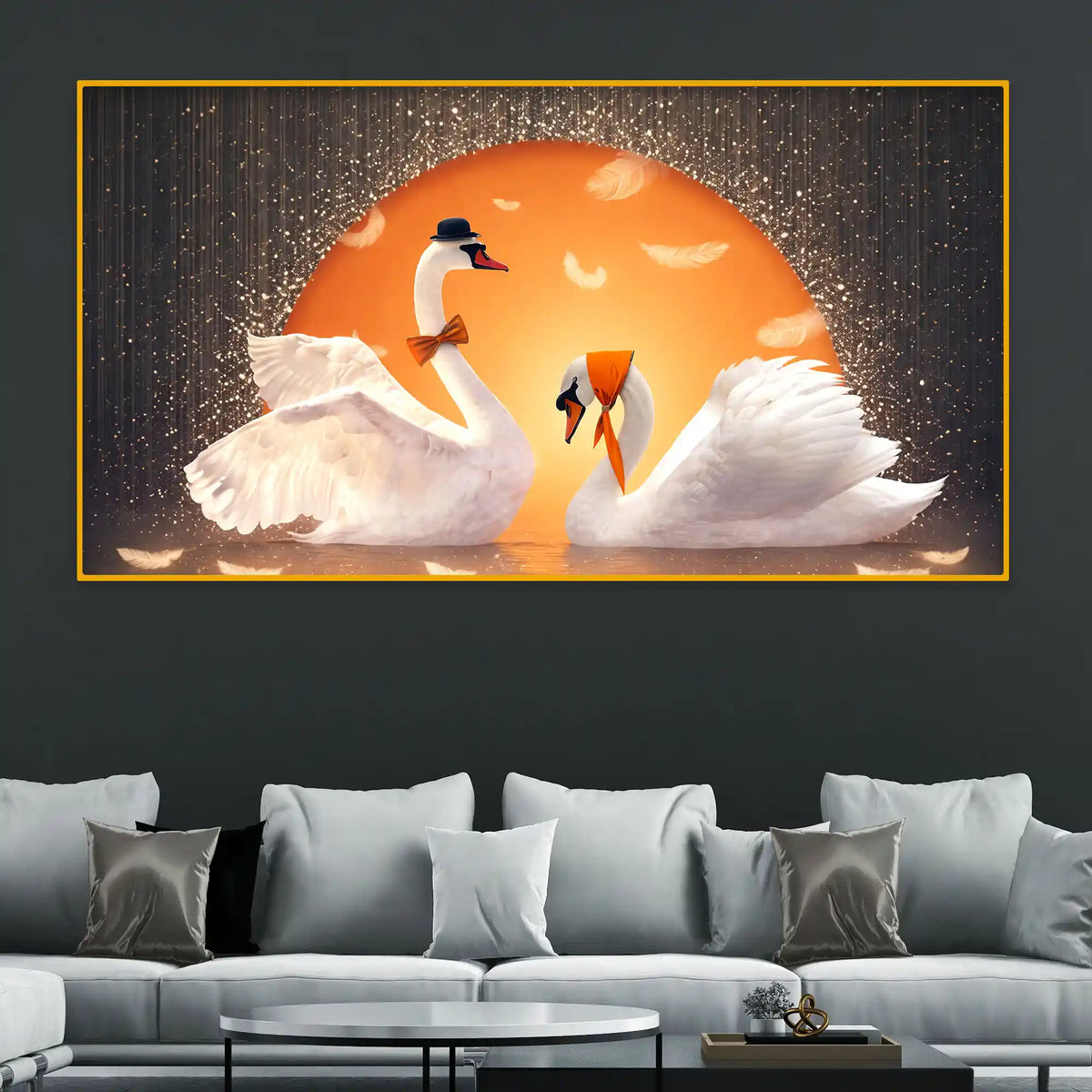Love Swan Pair Crystal Glass Painting for Romantic Wall Art Décor