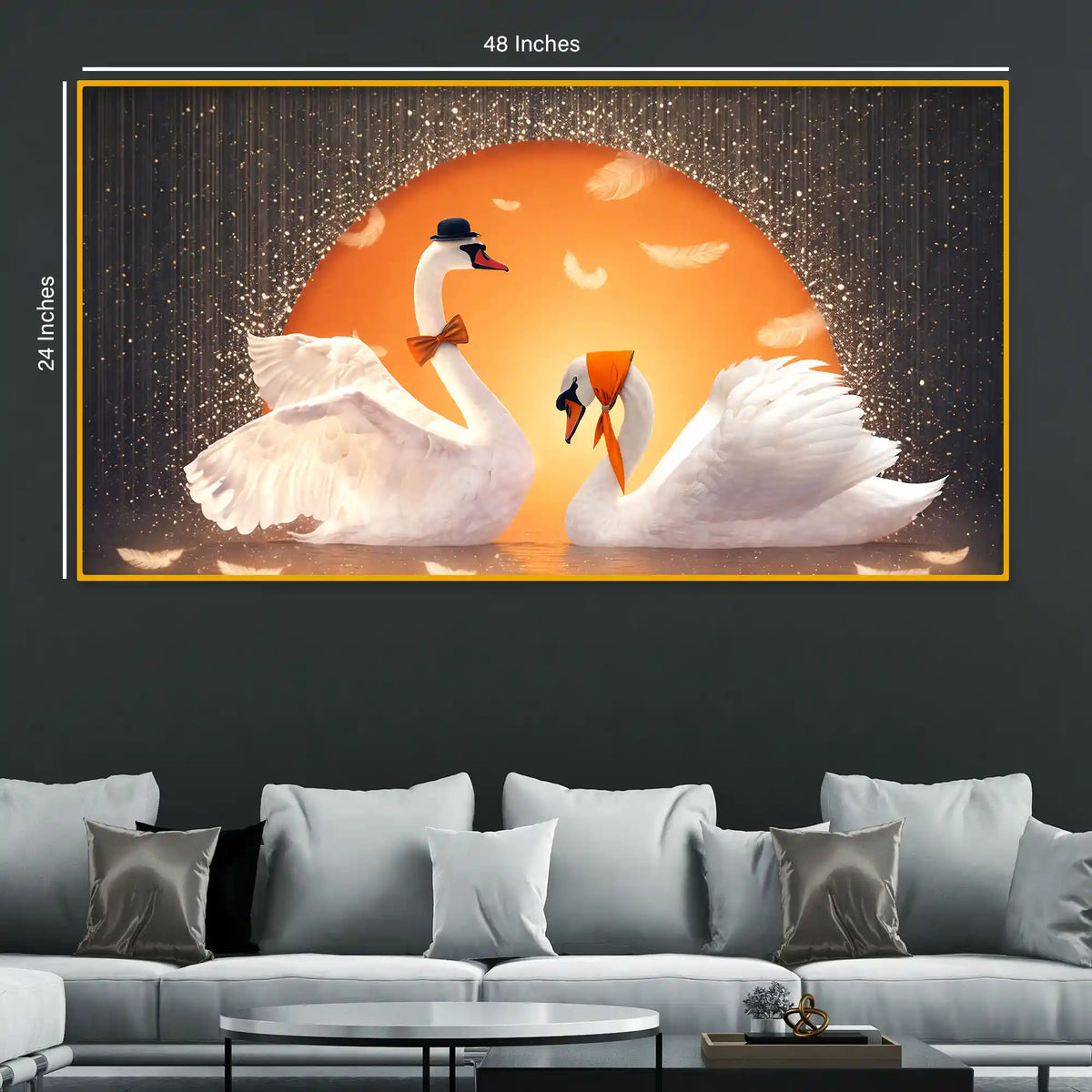 Love Swan Pair Crystal Glass Painting for Romantic Wall Art Décor