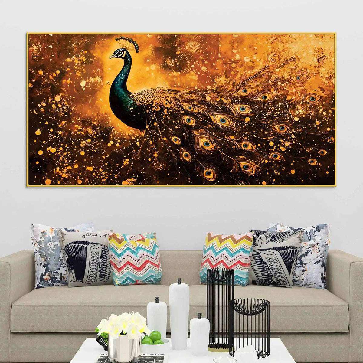 Luminous Peacock with Gilded Splash Feathers Canvas Wall Painting