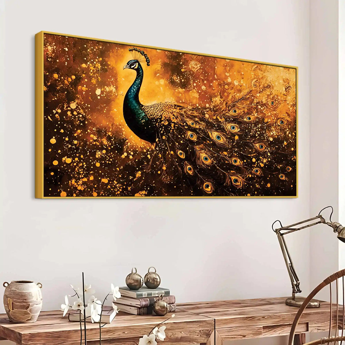 Luminous Peacock with Gilded Splash Feathers Canvas Wall Painting