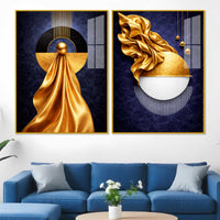 Luxe Golden and Navy Geometric Acrylic Floating Wall Painting Set of 2