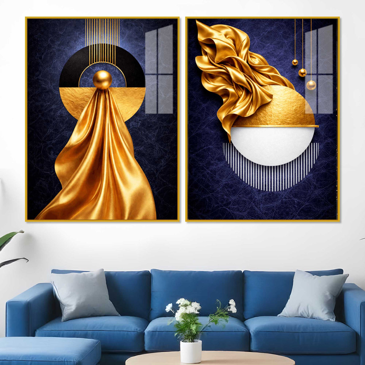 Luxe Golden and Navy Geometric Acrylic Floating Wall Painting Set of 2