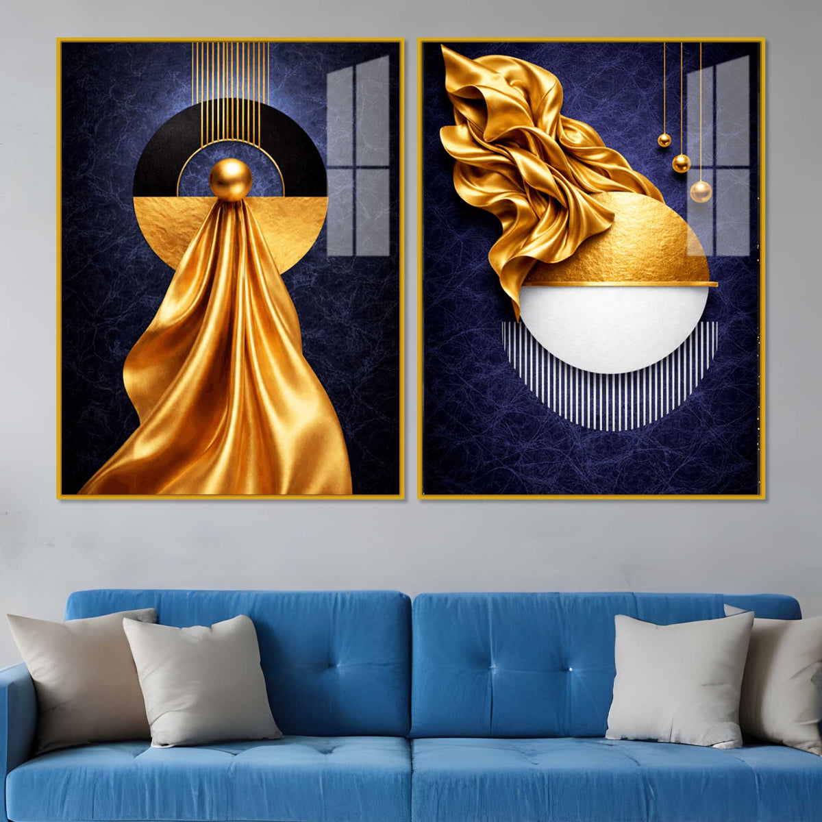 Luxe Golden and Navy Geometric Acrylic Floating Wall Painting Set of 2