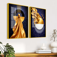 Luxe Golden and Navy Geometric Acrylic Floating Wall Painting Set of 2