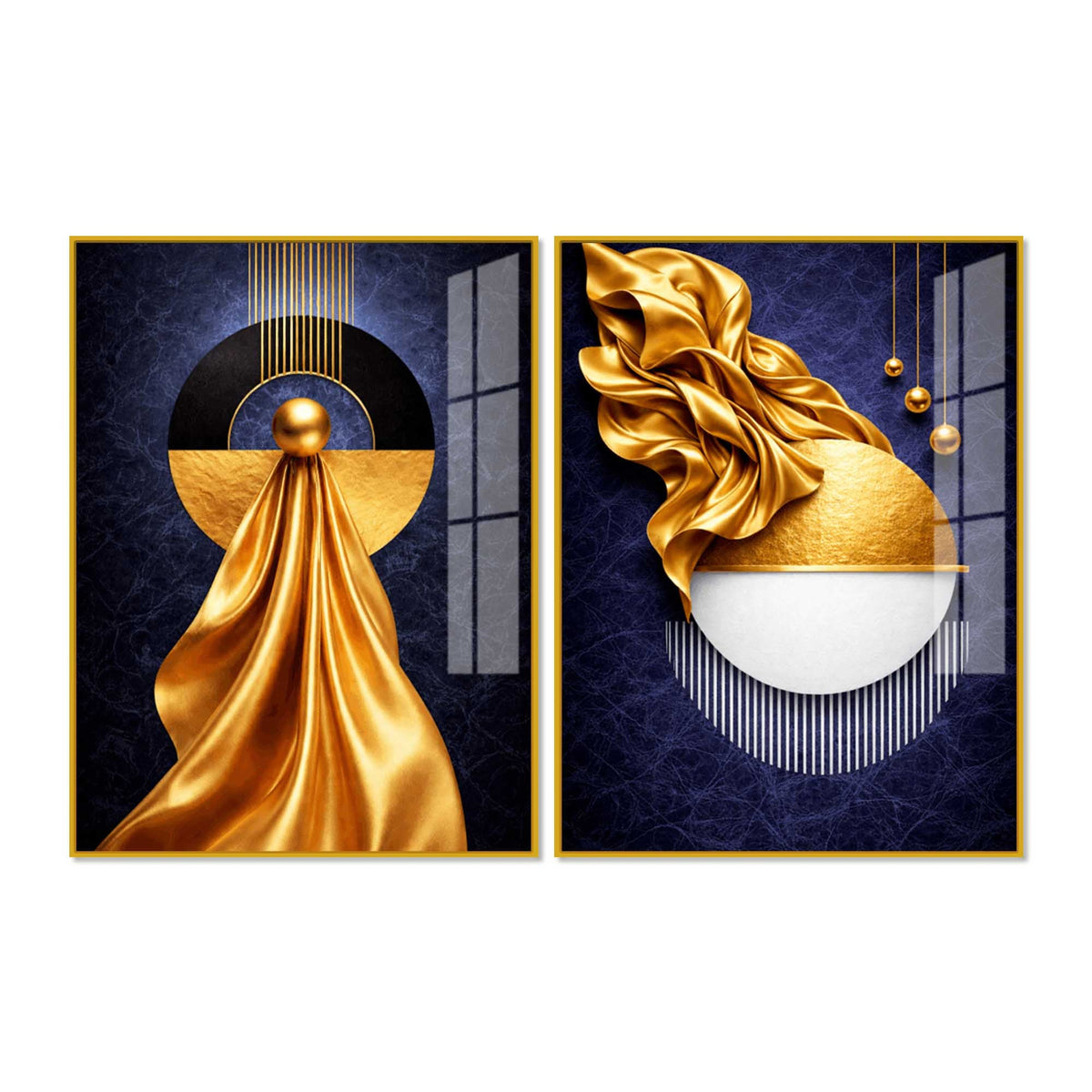 Luxe Golden and Navy Geometric Acrylic Floating Wall Painting Set of 2