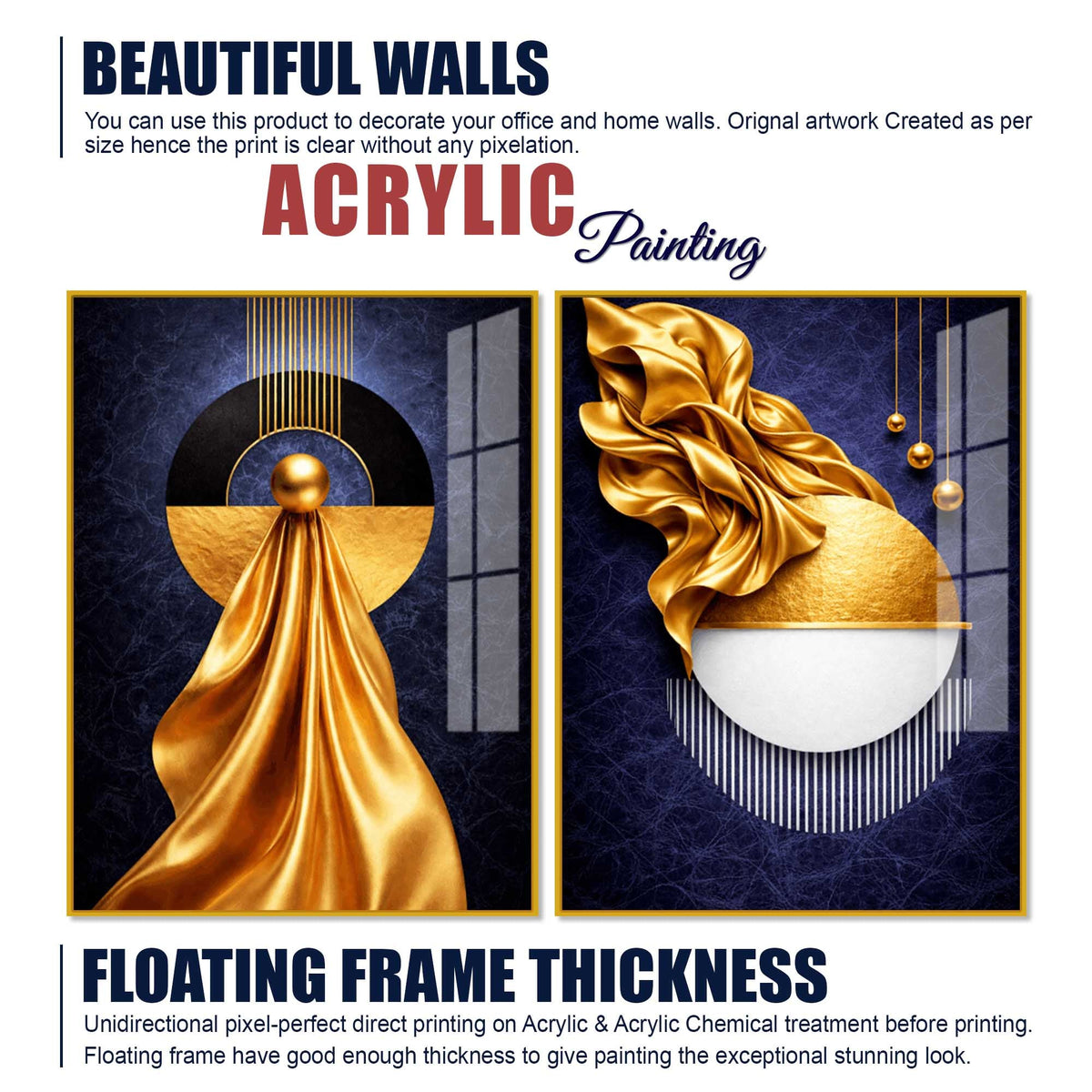 Luxe Golden and Navy Geometric Acrylic Floating Wall Painting Set of 2