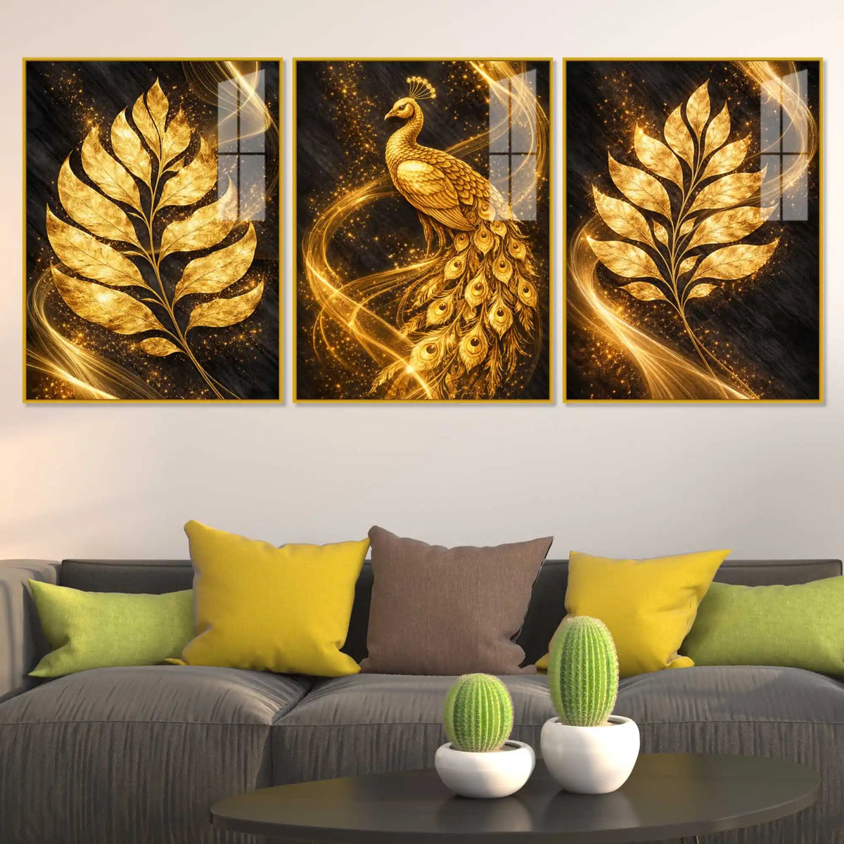 Luxe Golden Peacock Acrylic Floating Frame Wall Painting Set of 3