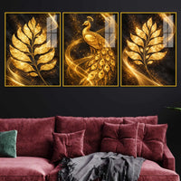 Luxe Golden Peacock Acrylic Floating Frame Wall Painting Set of 3