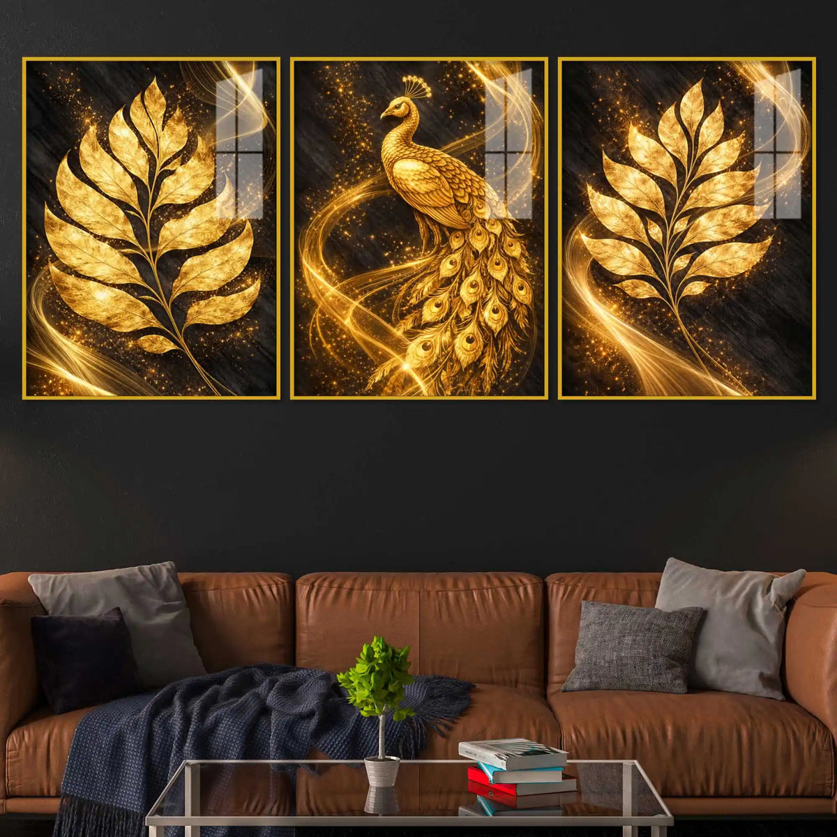 Luxe Golden Peacock Acrylic Floating Frame Wall Painting Set of 3