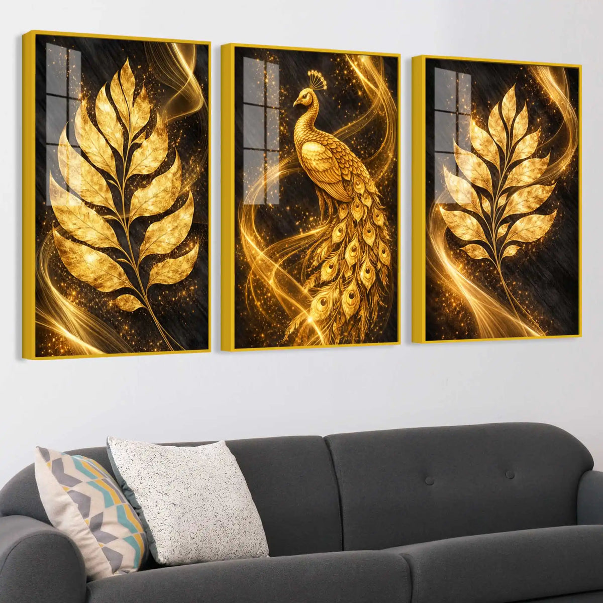 Luxe Golden Peacock Acrylic Floating Frame Wall Painting Set of 3