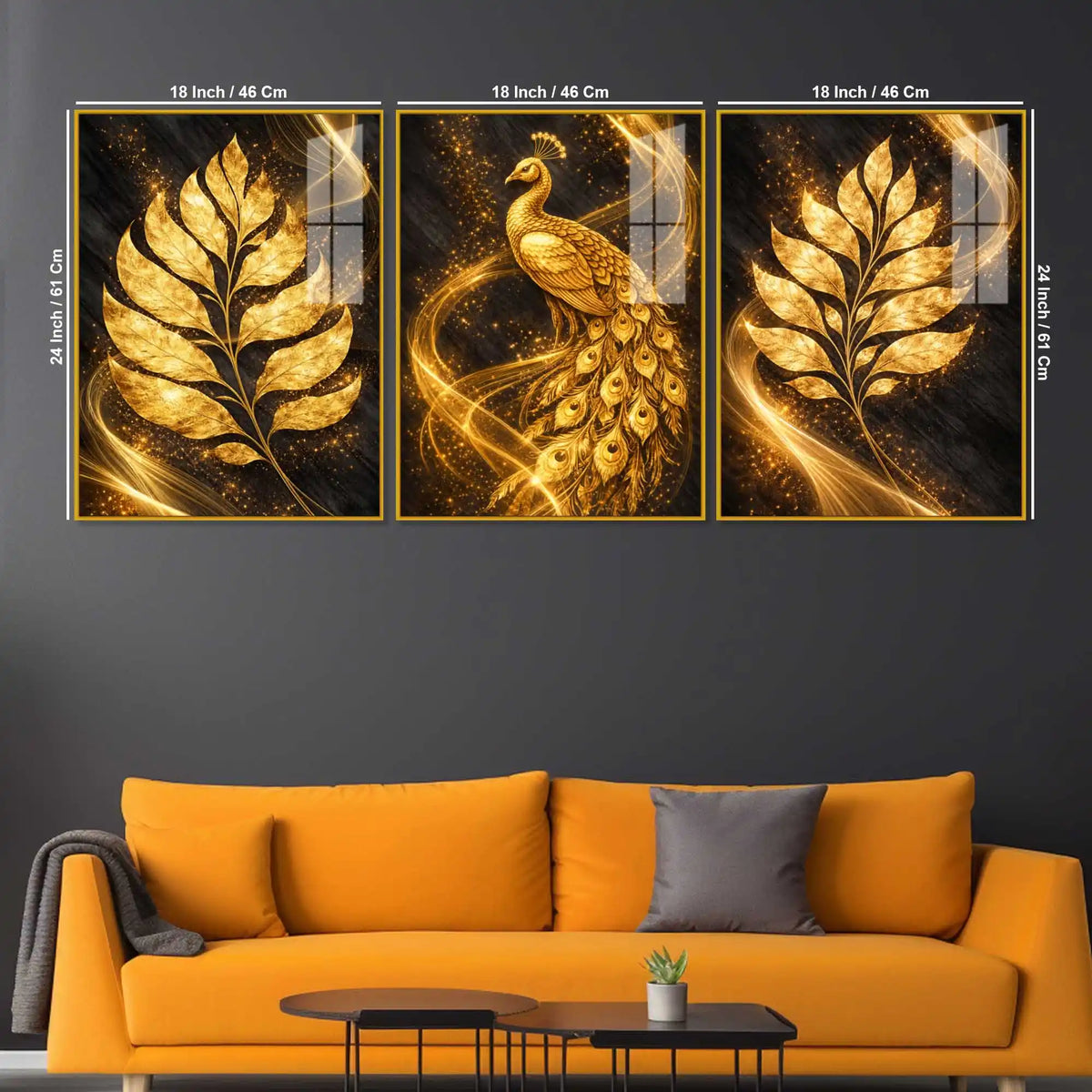 Luxe Golden Peacock Acrylic Floating Frame Wall Painting Set of 3
