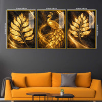 Luxe Golden Peacock Acrylic Floating Frame Wall Painting Set of 3