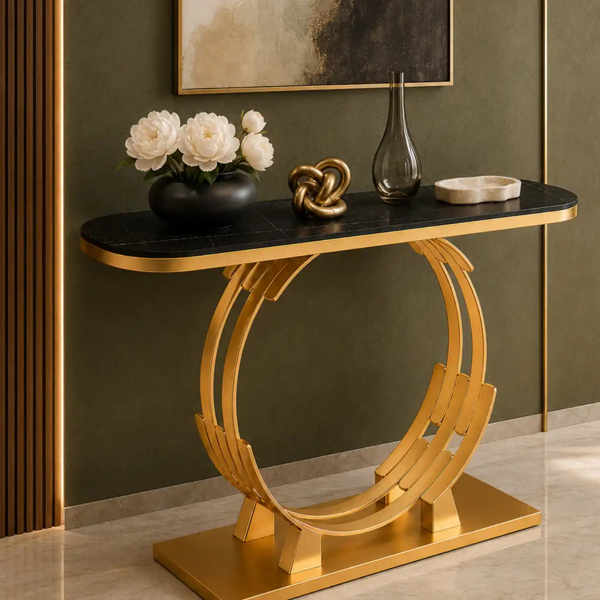 Luxurious Gold Circular Ring Console Table with Sleek Black Marble Top