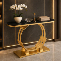 Luxurious Gold Circular Ring Console Table with Sleek Black Marble Top