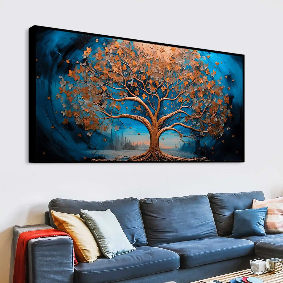 Luxury Abstract Blue and Golden Tree Canvas Wall Painting