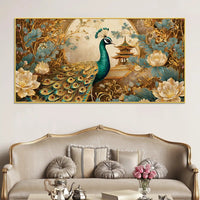 Luxury Asian Style Peacock In Lotus Flowers Garden Canvas Wall Painting