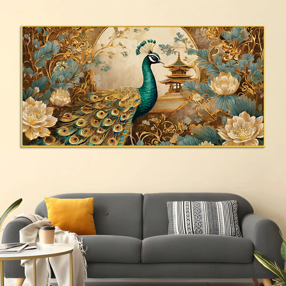 Luxury Asian Style Peacock In Lotus Flowers Garden Canvas Wall Painting