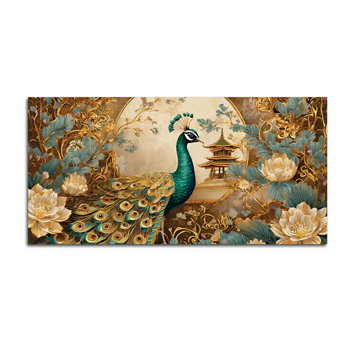 Luxury Asian Style Peacock In Lotus Flowers Garden Canvas Wall Painting