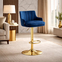 Luxury Bar Stool with Blue Velvet Upholstery and Gold Frame