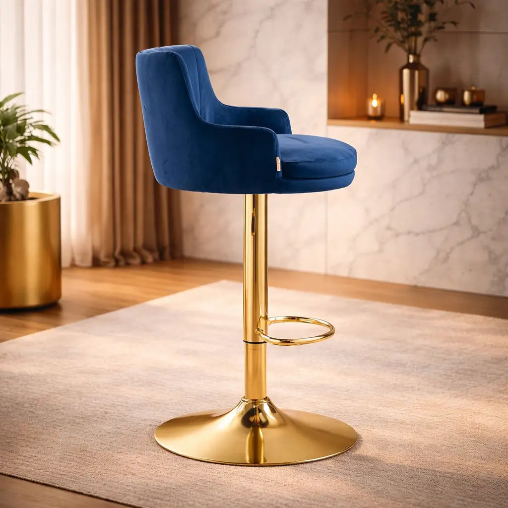 Luxury Bar Stool with Blue Velvet Upholstery and Gold Frame