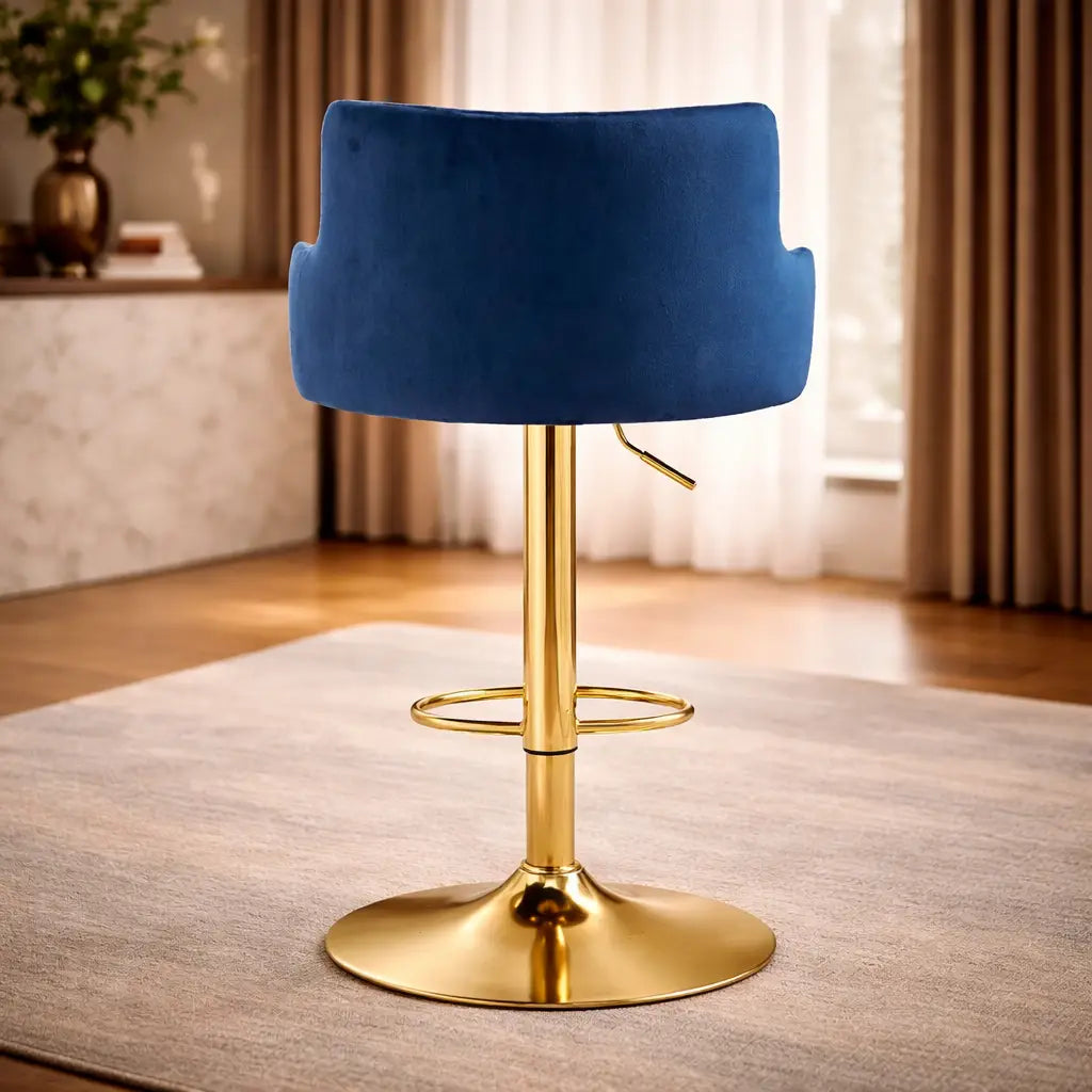 Luxury Bar Stool with Blue Velvet Upholstery and Gold Frame