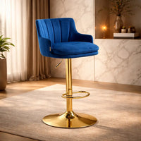 Luxury Bar Stool with Blue Velvet Upholstery and Gold Frame