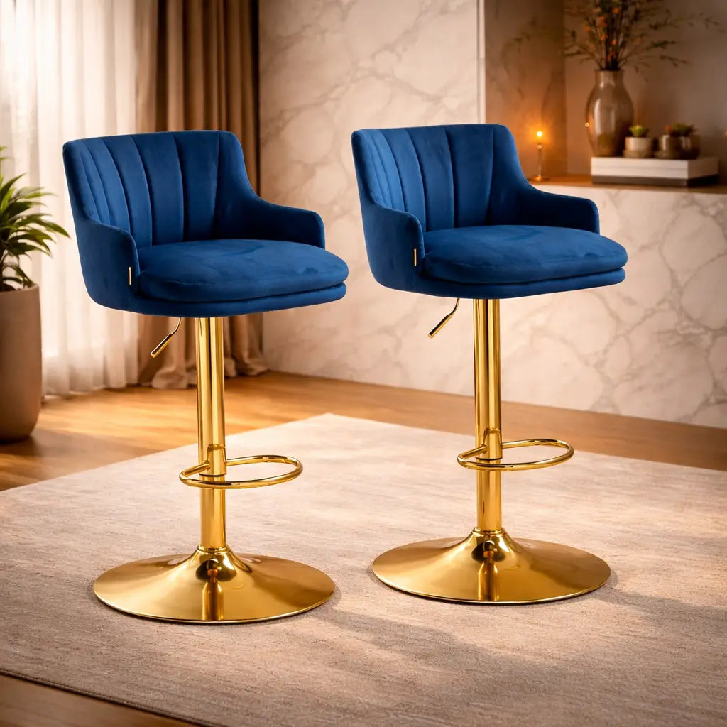 Luxury Bar Stool with Blue Velvet Upholstery and Gold Frame