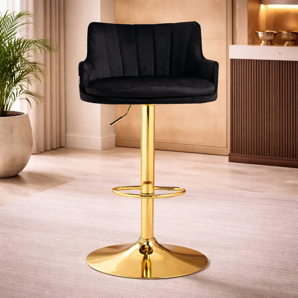 Luxury Bar Stool with Rich Black Velvet Upholstery and Gold Frame