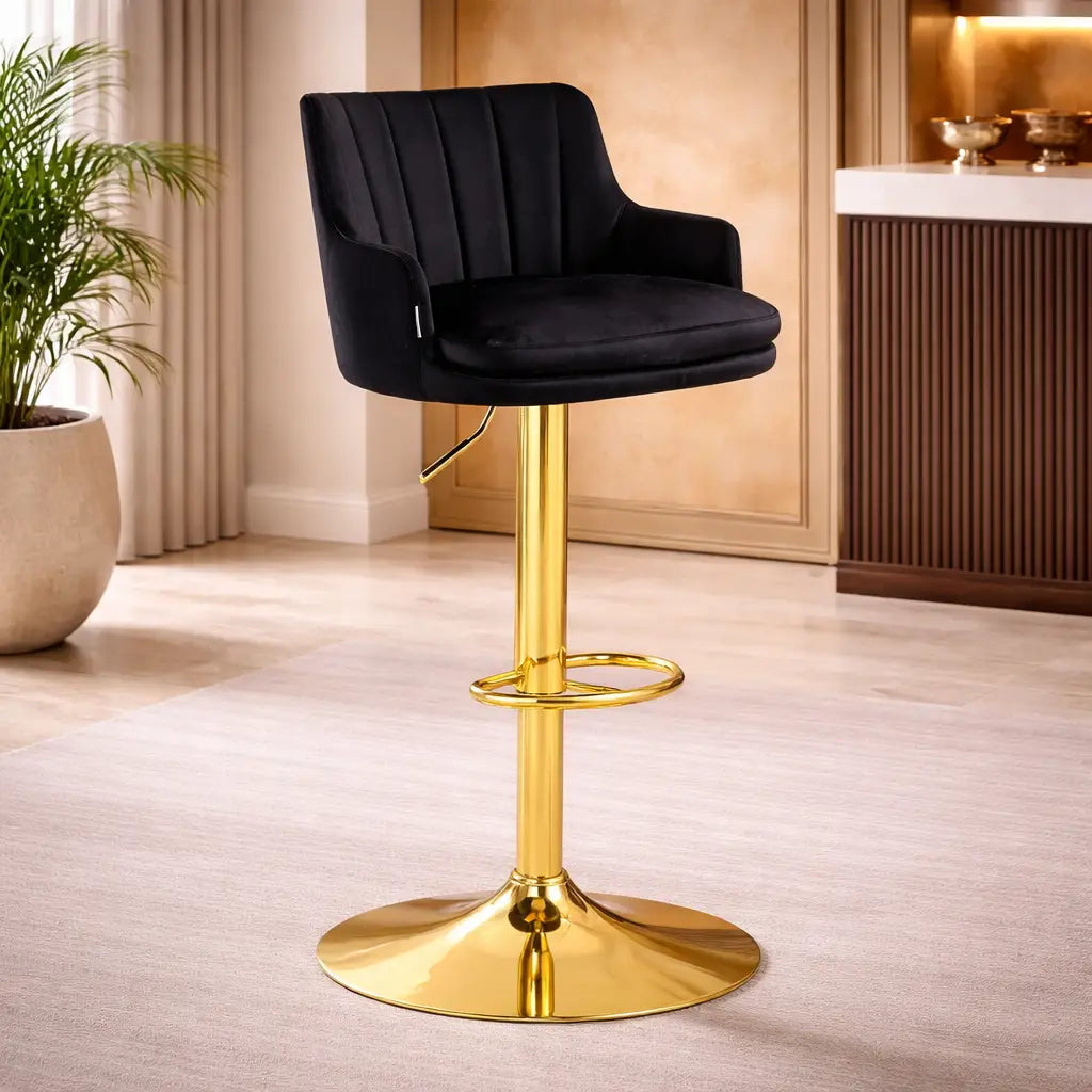 Luxury Bar Stool with Rich Black Velvet Upholstery and Gold Frame