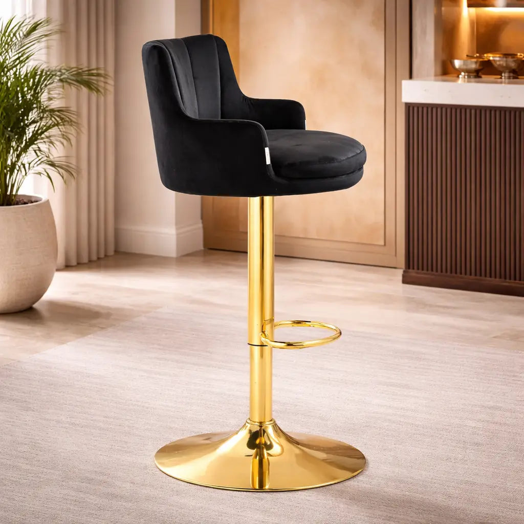 Luxury Bar Stool with Rich Black Velvet Upholstery and Gold Frame