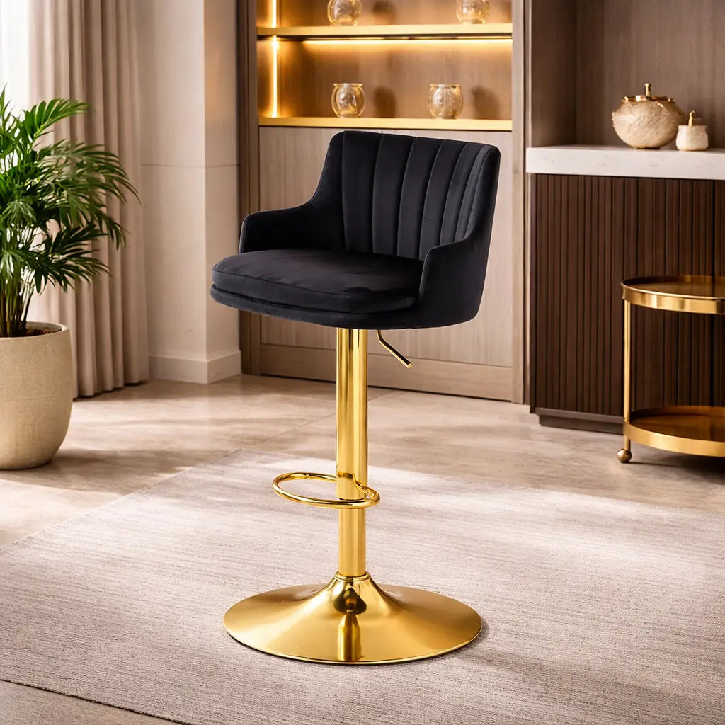 Luxury Bar Stool with Rich Black Velvet Upholstery and Gold Frame