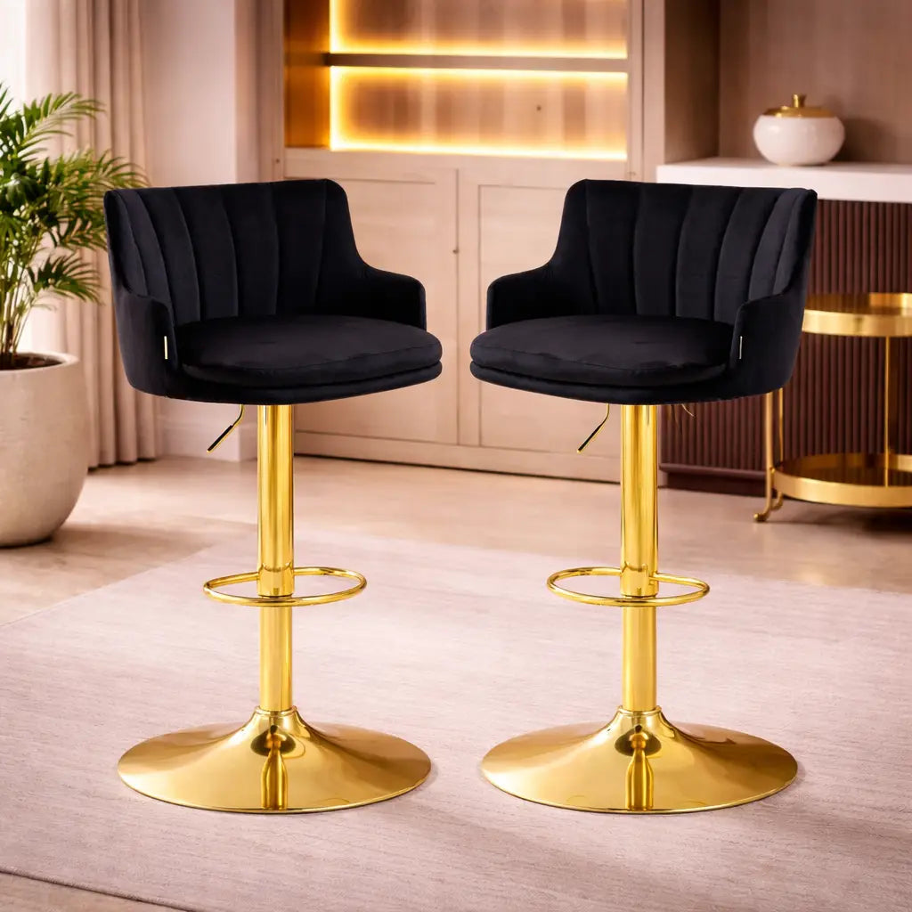 Luxury Bar Stool with Rich Black Velvet Upholstery and Gold Frame