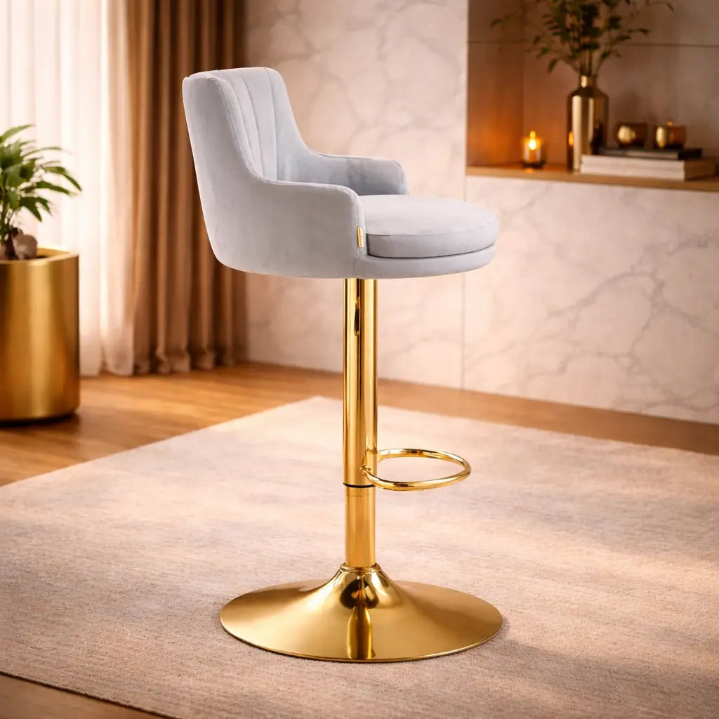 Luxury Bar Stool with Rich Grey Velvet Upholstery and Gold Frame