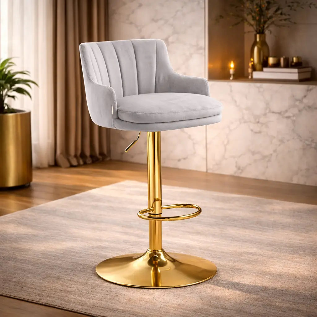 Luxury Bar Stool with Rich Grey Velvet Upholstery and Gold Frame