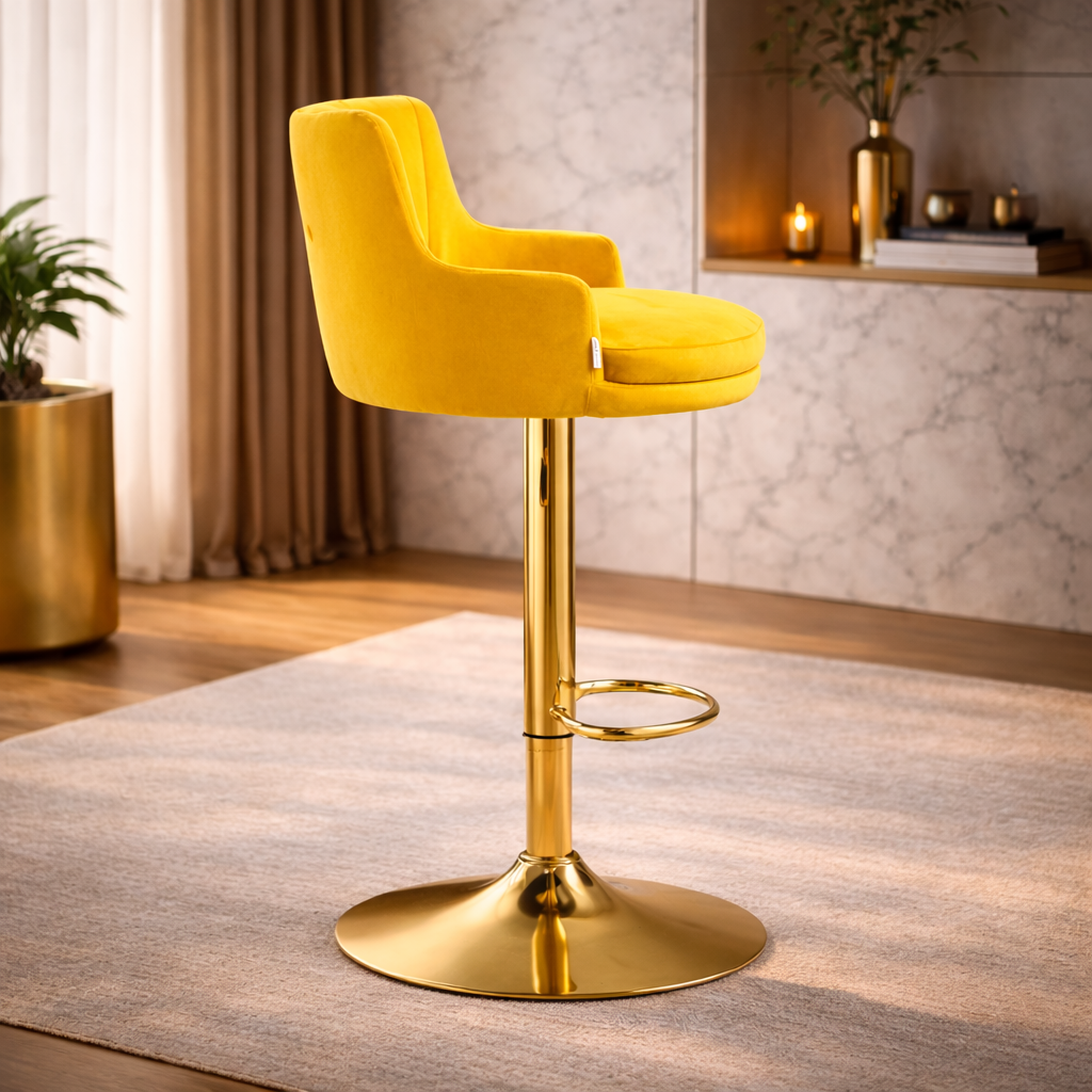 Luxury Bar Stool with Rich Yellow Velvet Upholstery and Gold Frame