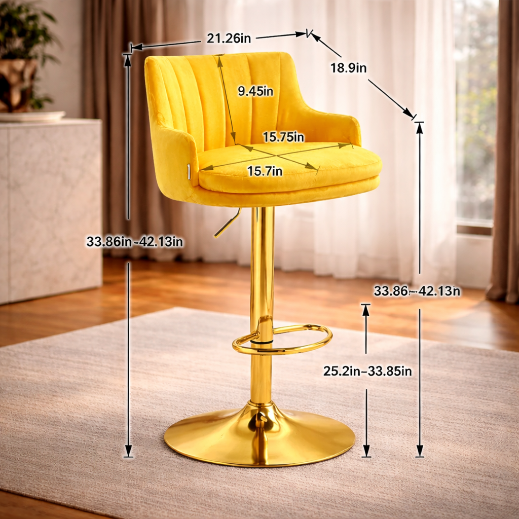 Luxury Bar Stool with Rich Yellow Velvet Upholstery and Gold Frame