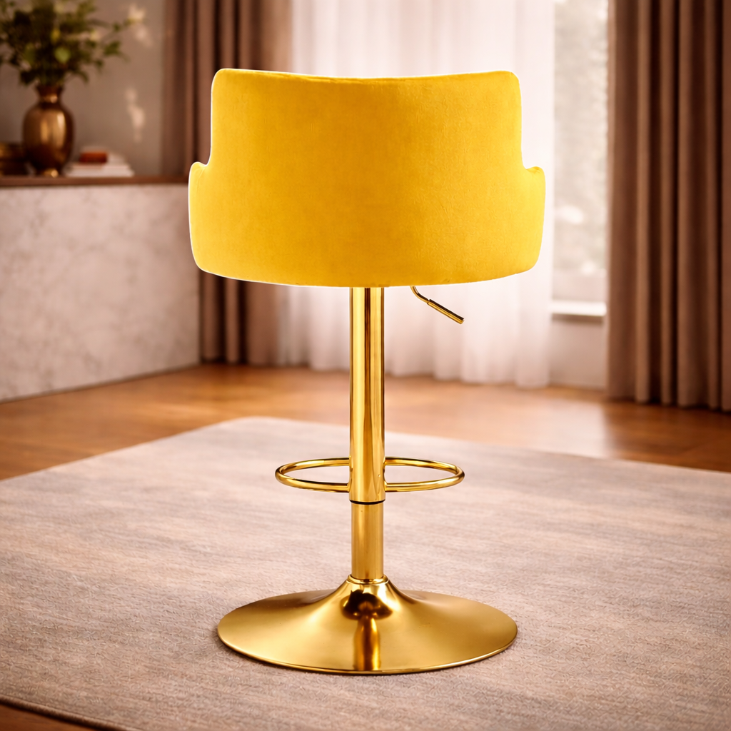Luxury Bar Stool with Rich Yellow Velvet Upholstery and Gold Frame