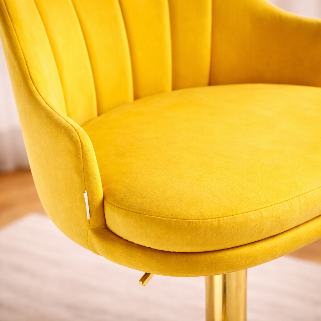 Luxury Bar Stool with Rich Yellow Velvet Upholstery and Gold Frame