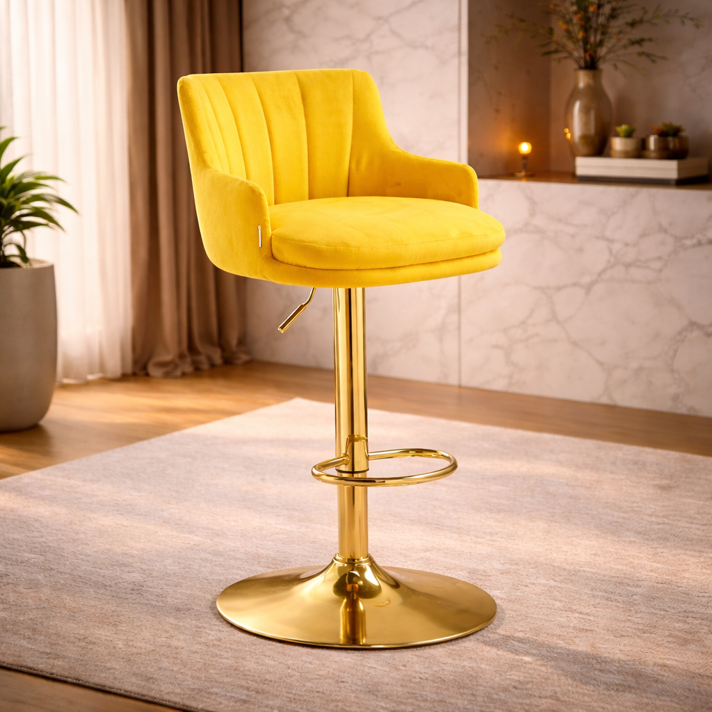 Luxury Bar Stool with Rich Yellow Velvet Upholstery and Gold Frame