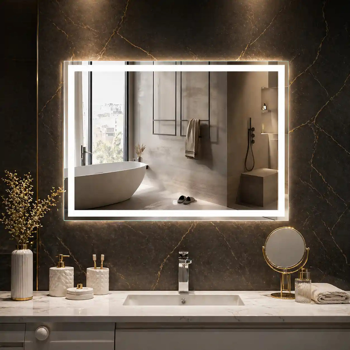 Luxury Bathroom Mirror Cabinet with Border Glow Lighting
