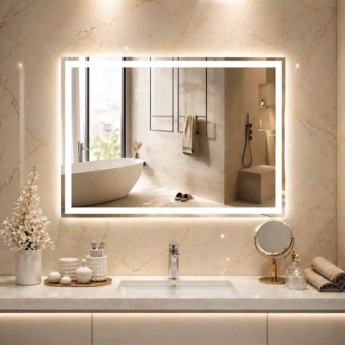 Luxury Bathroom Mirror Cabinet with Border Glow Lighting