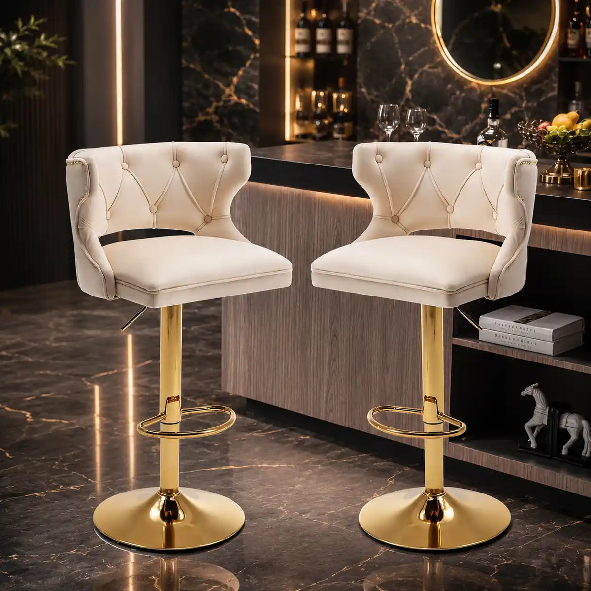 Luxury Beige Leatherette Bar Lounge Chair with Gold Base