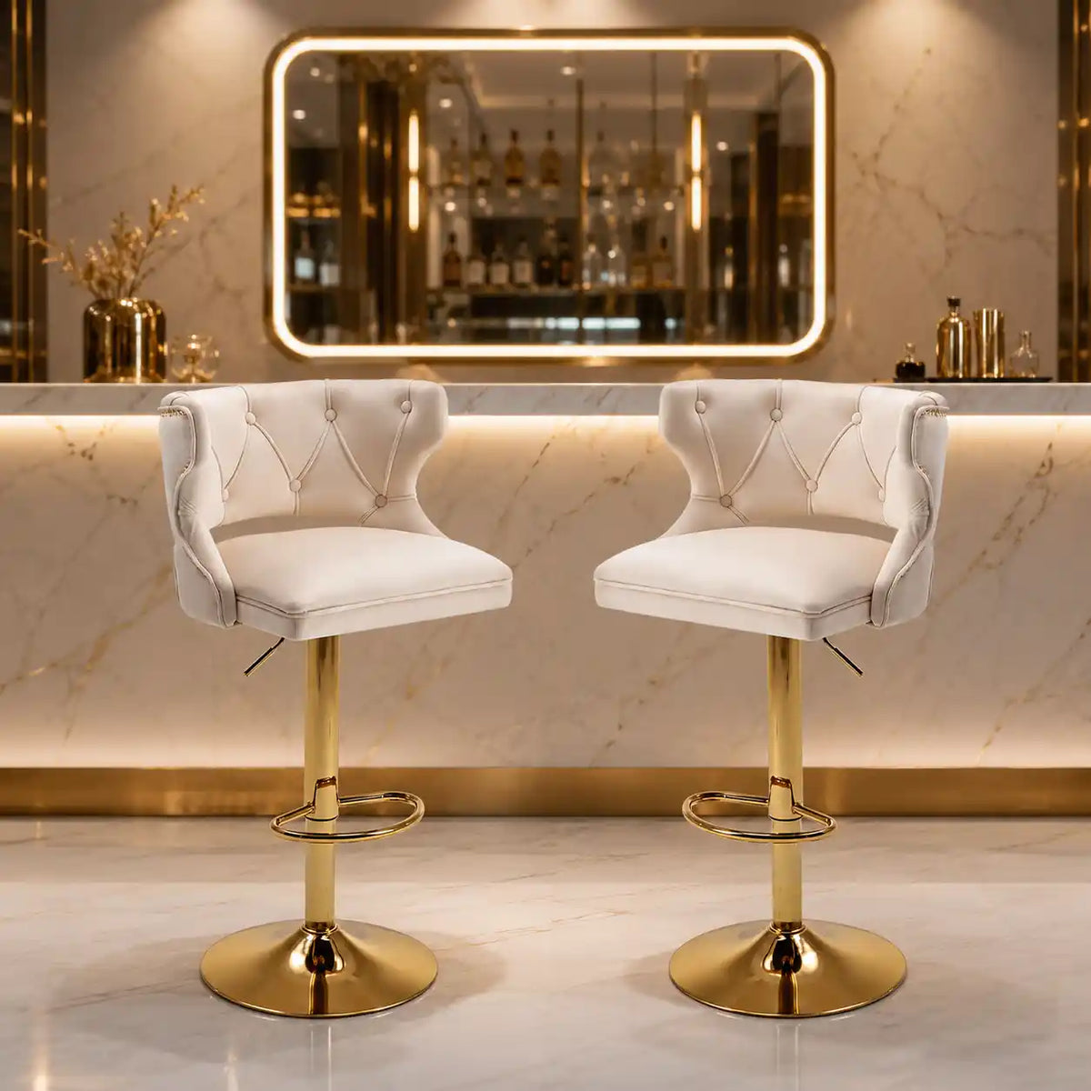 Luxury Beige Leatherette Bar Lounge Chair with Gold Base