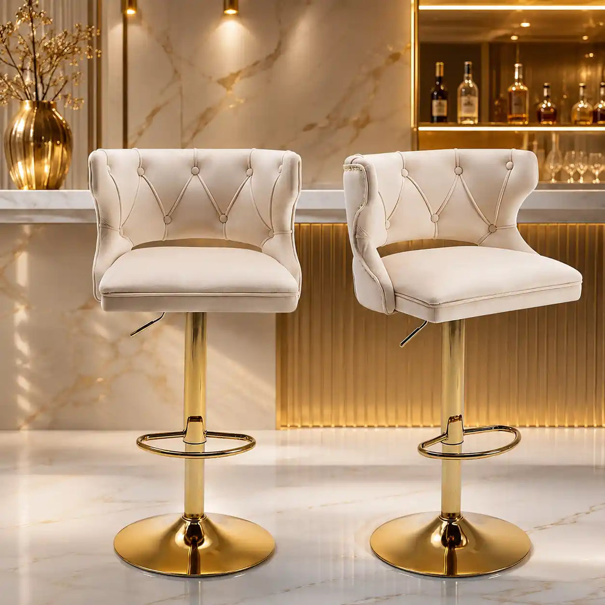 Luxury Beige Leatherette Bar Lounge Chair with Gold Base