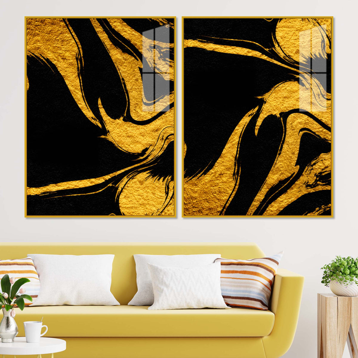 Luxury Black and Golden Marble Effect Acrylic Floating Wall Painting Set of 2