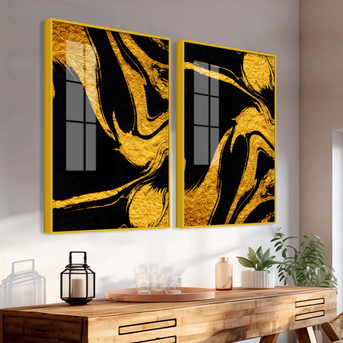Luxury Black and Golden Marble Effect Acrylic Floating Wall Painting Set of 2