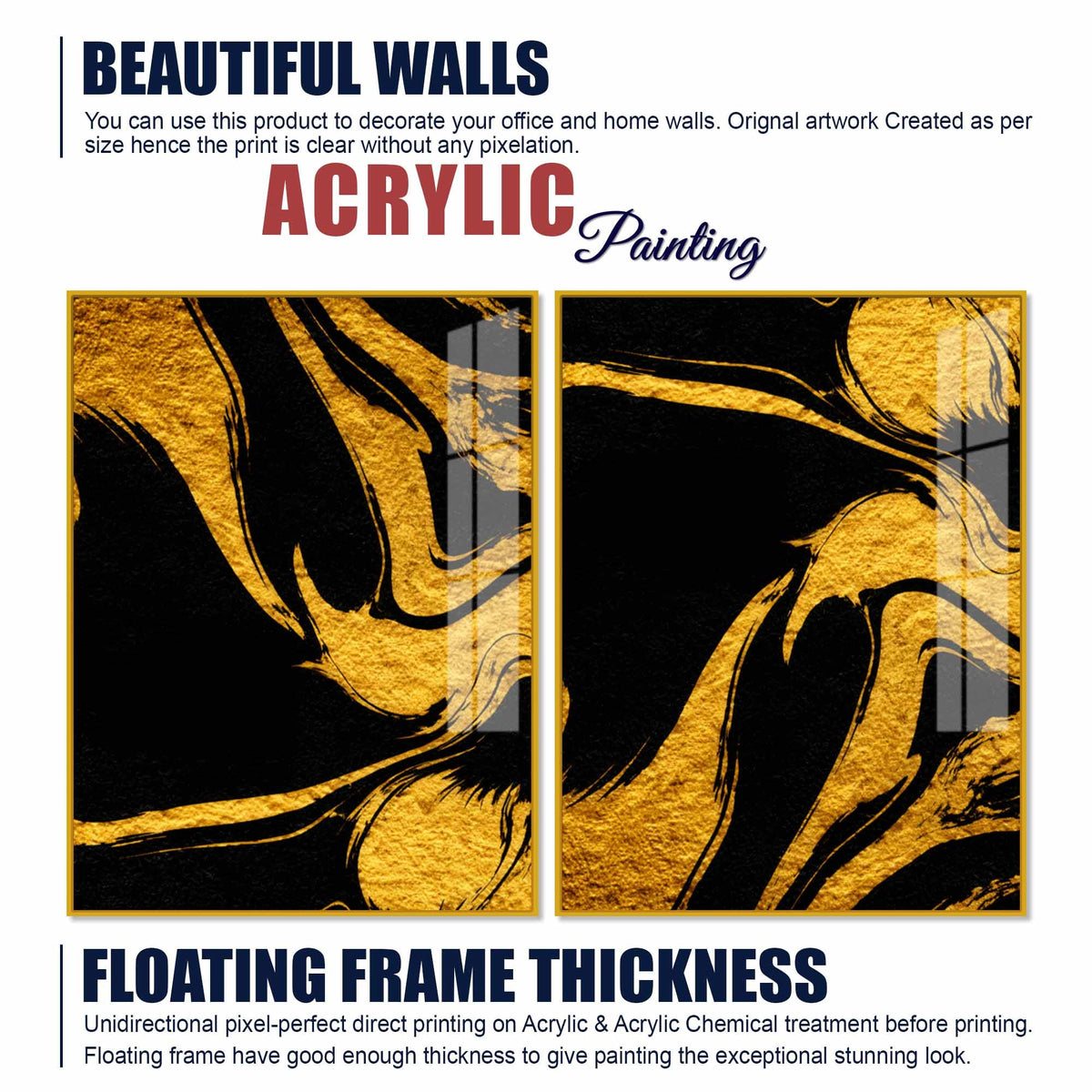 Luxury Black and Golden Marble Effect Acrylic Floating Wall Painting Set of 2