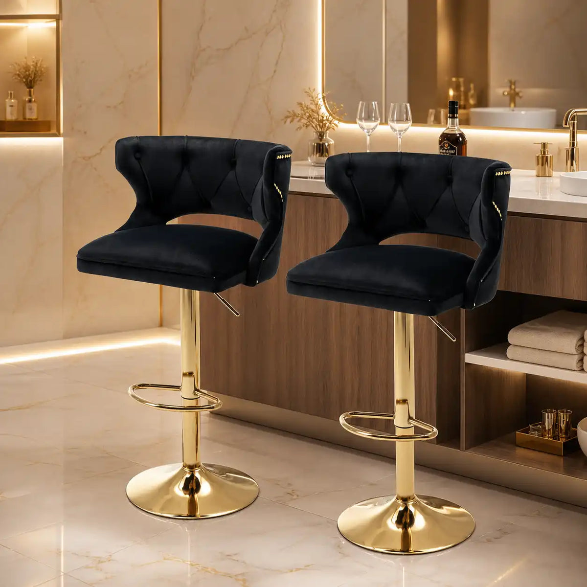 Luxury Black Finish Velvet Bar Lounge Chair with Gold Base
