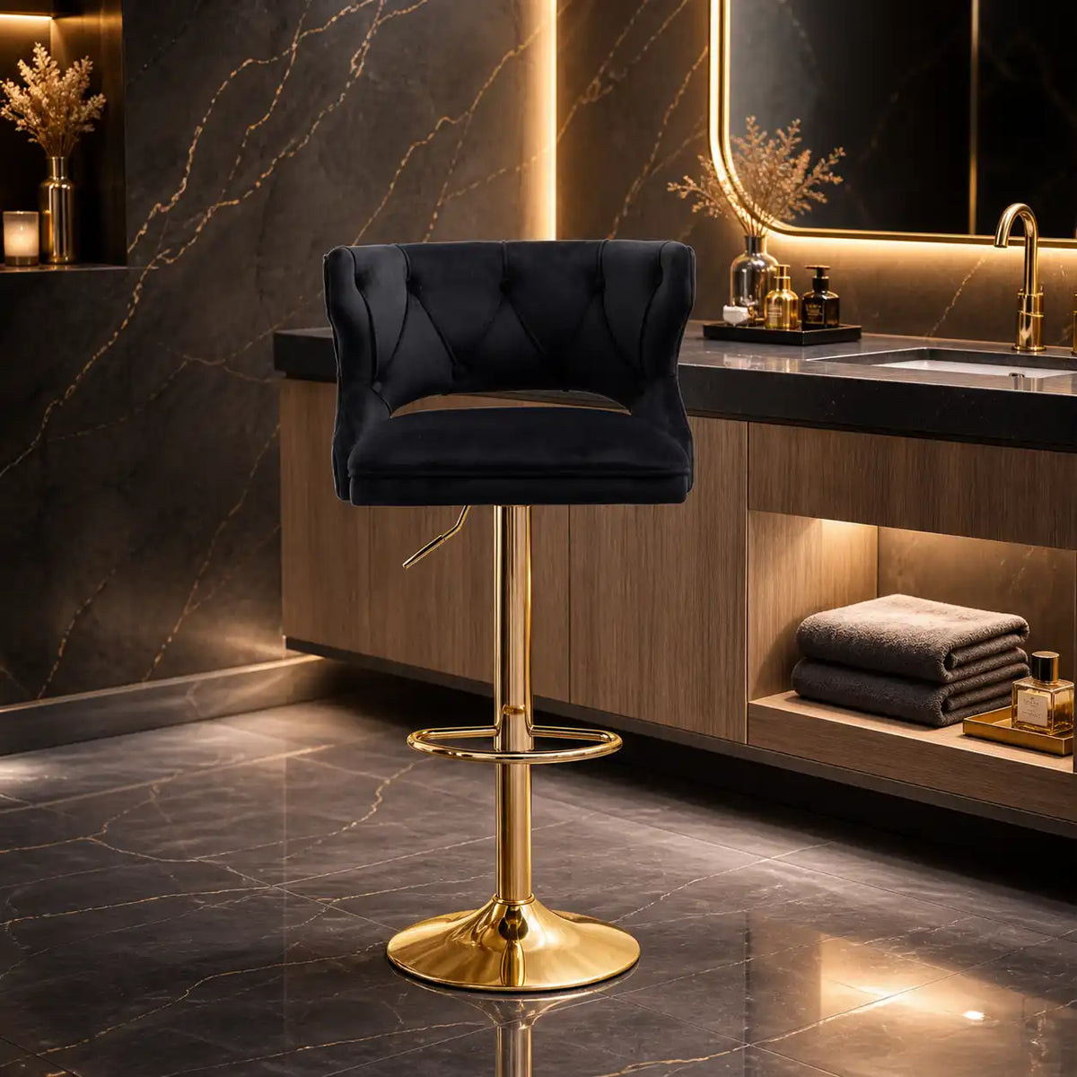 Luxury Black Finish Velvet Bar Lounge Chair with Gold Base