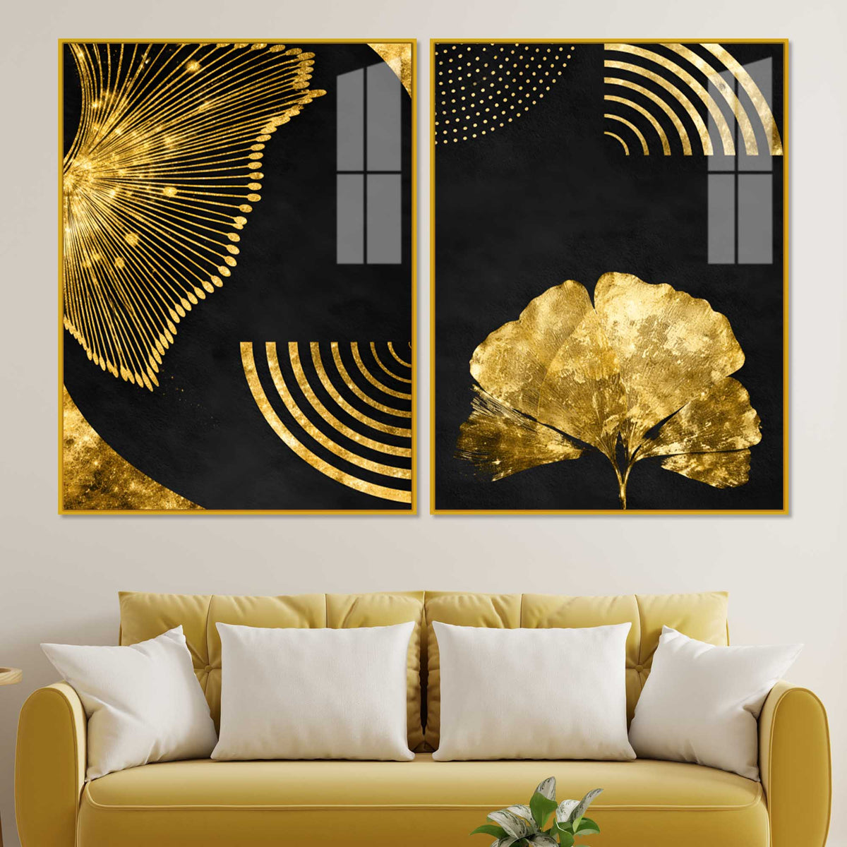 Luxury Black Gold Botanical Ginkgo Leaf Abstract Acrylic Floating Wall Painting Set of 2